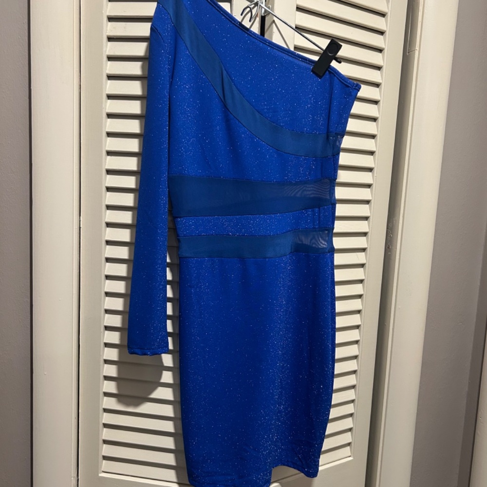 NWOT One Shoulder Contrast Mesh Bodycon Cocktail Dress Metallic Royal Blue